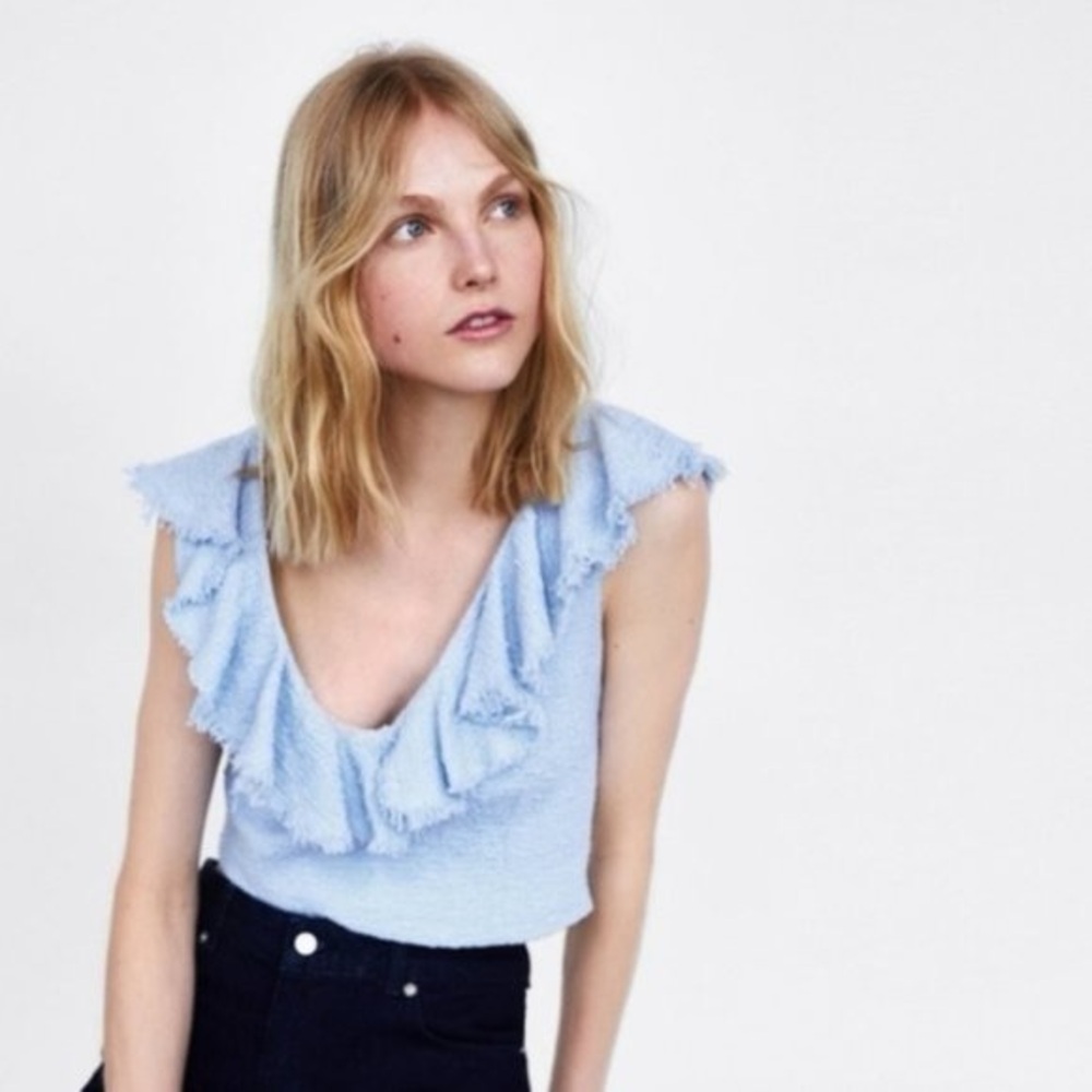 Zara Baby Blue Ruffled Tweed Crop Top Size L